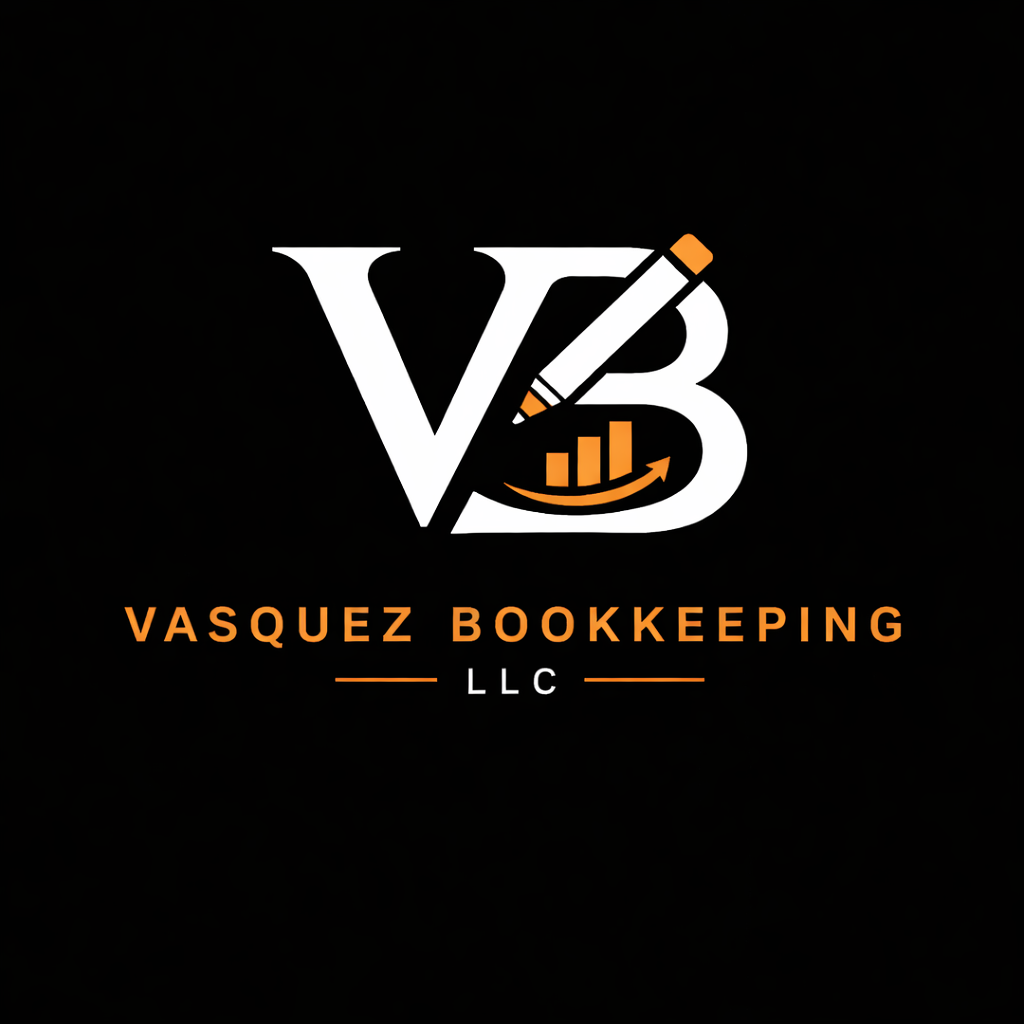 Logo for Vasquez Bookkeeping LLC featuring the initials V and B with a pencil and growth chart design in orange, black, and white.