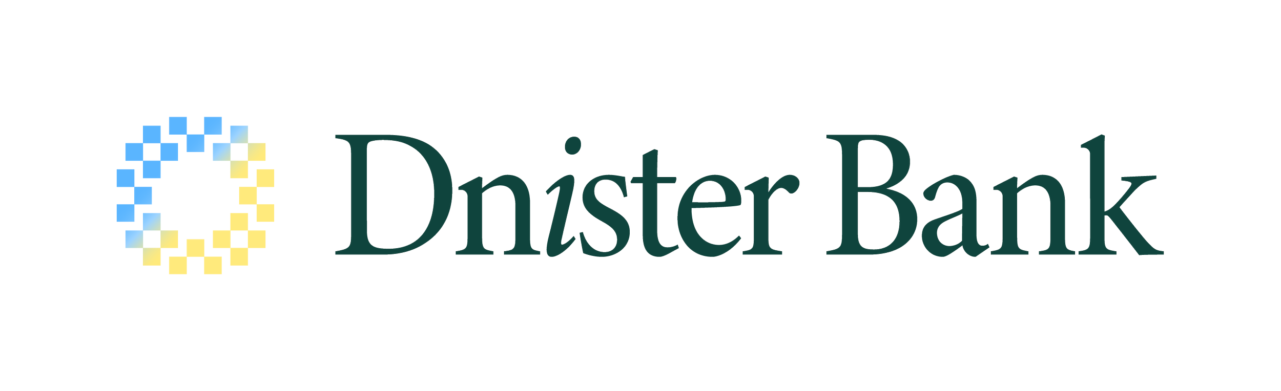 Logo for Dnister Bank featuring a circular arrangement of yellow and blue squares and the text 'Dnister Bank' in dark green.
