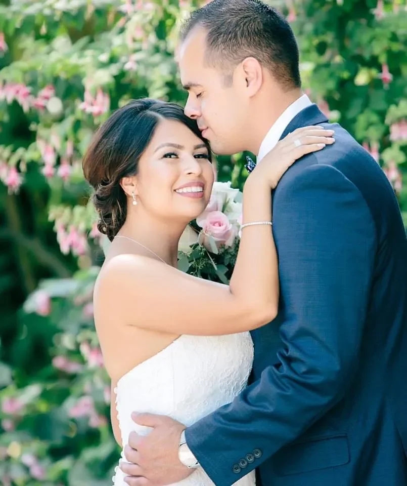Romantic wedding portrait featuring soft glam makeup and elegant updo at Maravilla Gardens in Camarillo CA