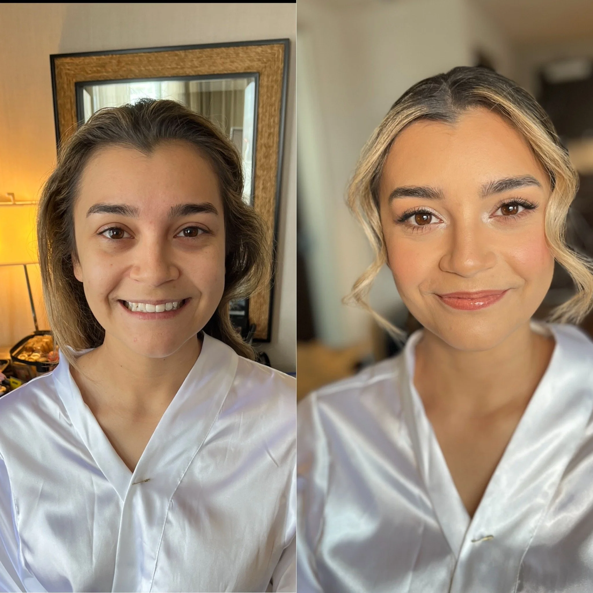 Before and after bridal makeup transformation featuring soft glam makeup with radiant skin, defined eyes, soft lashes and a natural pink lip for a timeless wedding look at the Four Seasons in Westlake Village
