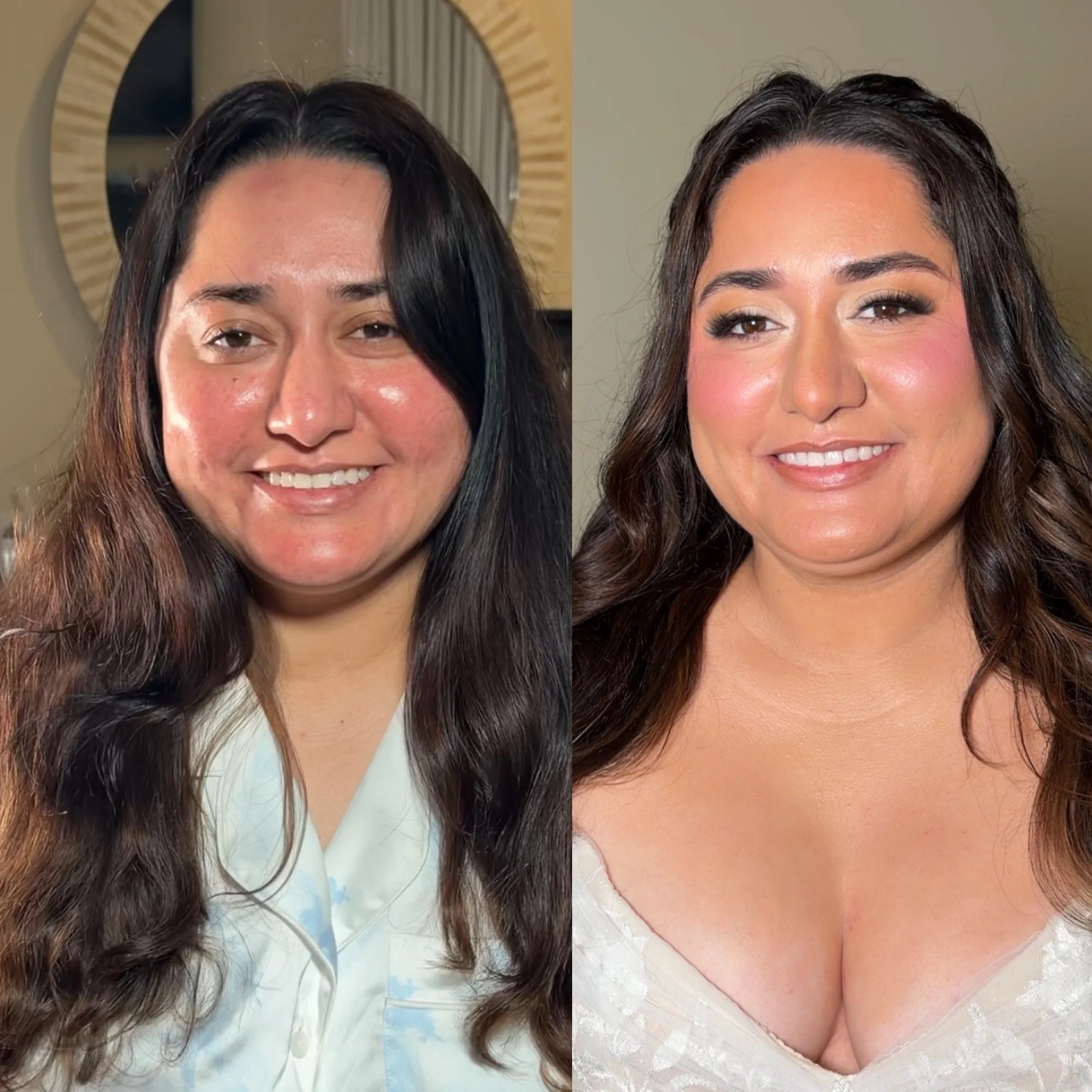 Before and after bridal makeup transformation featuring soft glam makeup, glowing skin, defined eyes, soft lashes and a natural pink lip for a timeless wedding-day look at the Westlake Village inn for a wedding. 