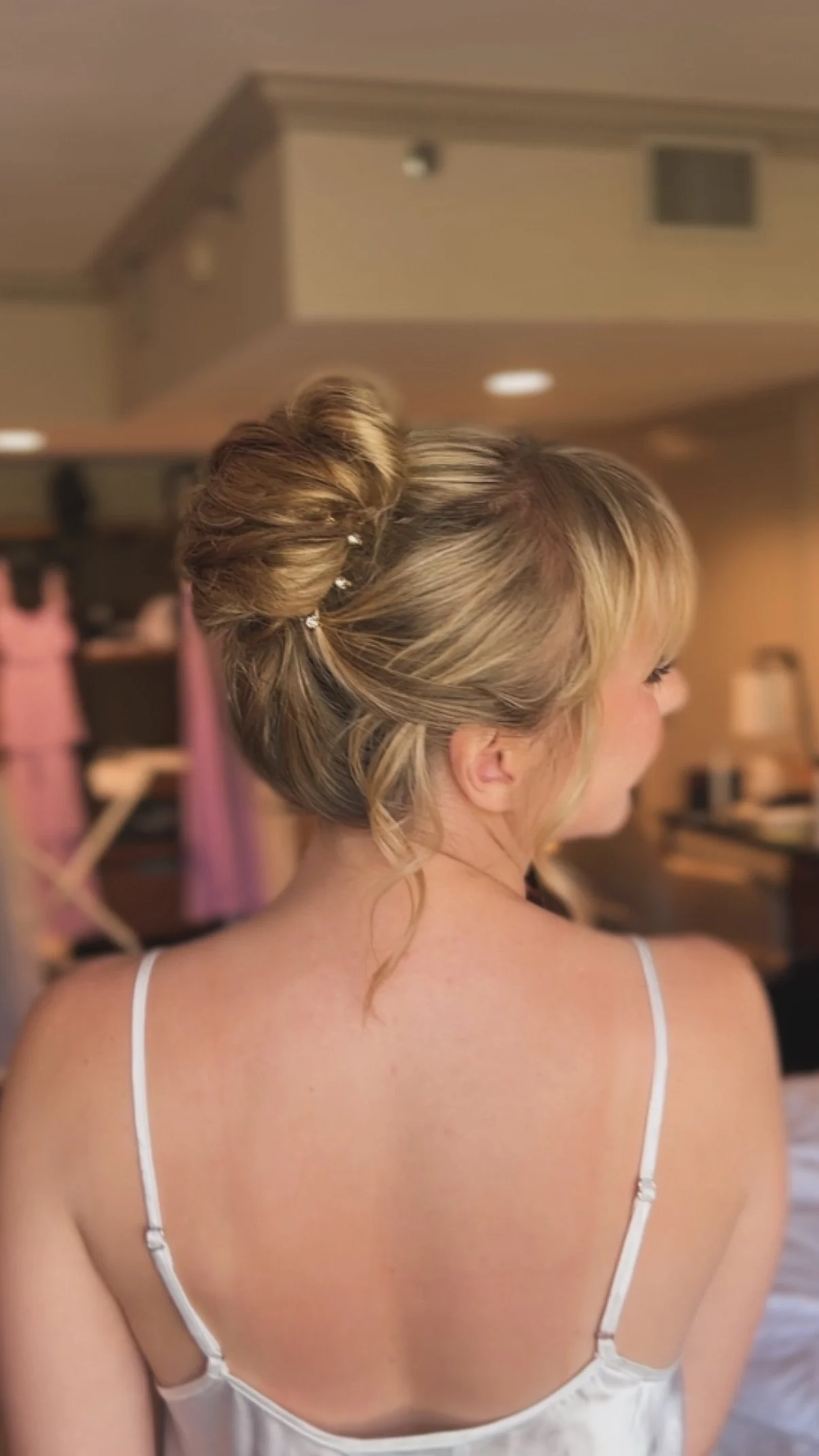 Romantic bridal French twist up style for wedding at the Los Robles Greens in Thousand oaks