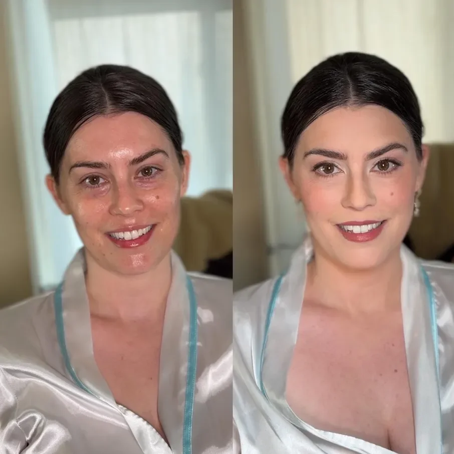 Side-by-side comparison of a bride's natural face and her final wedding day makeup look featuring soft glma and defined eyes.