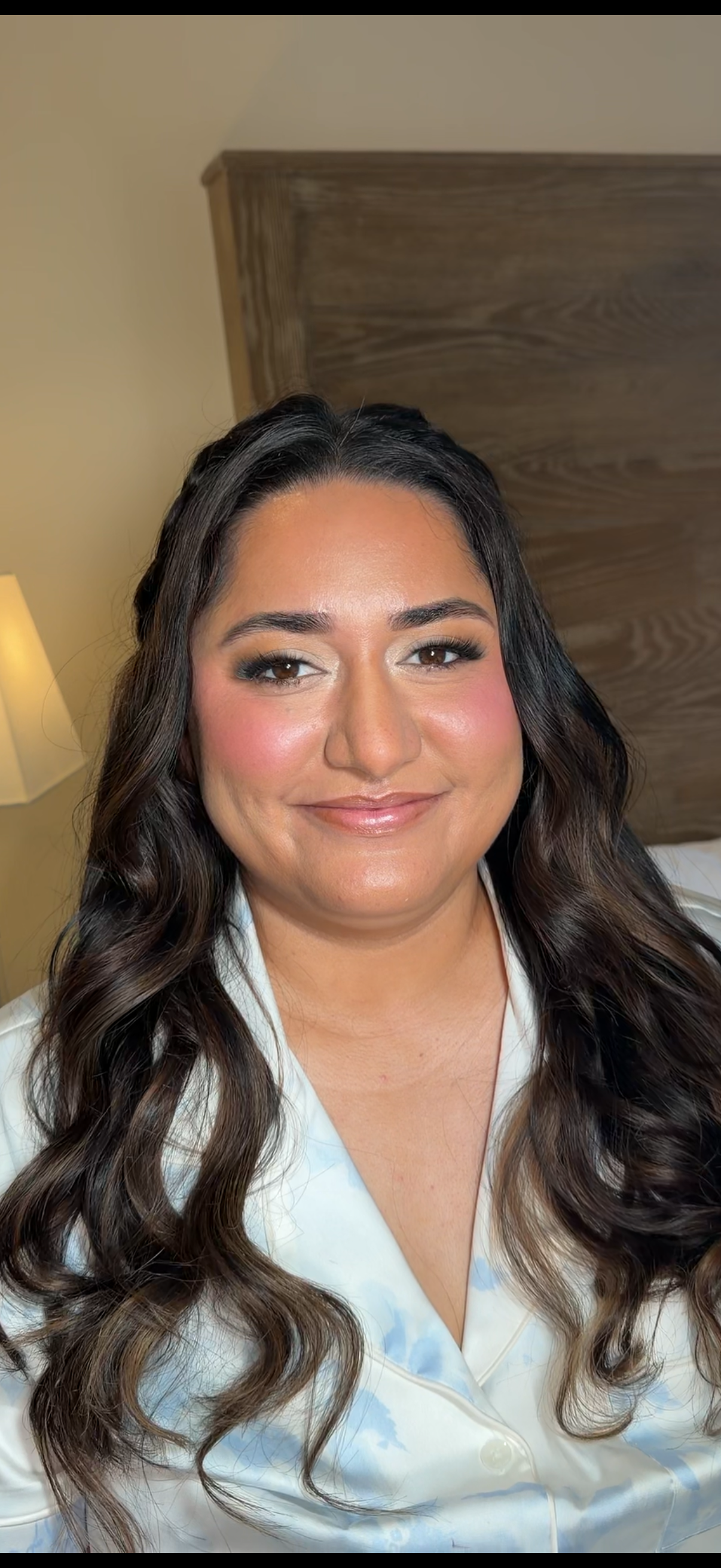 Soft glam bridal makeup with long romantic waves for a wedding at Westlake Village Inn in Westlake Villages, CA