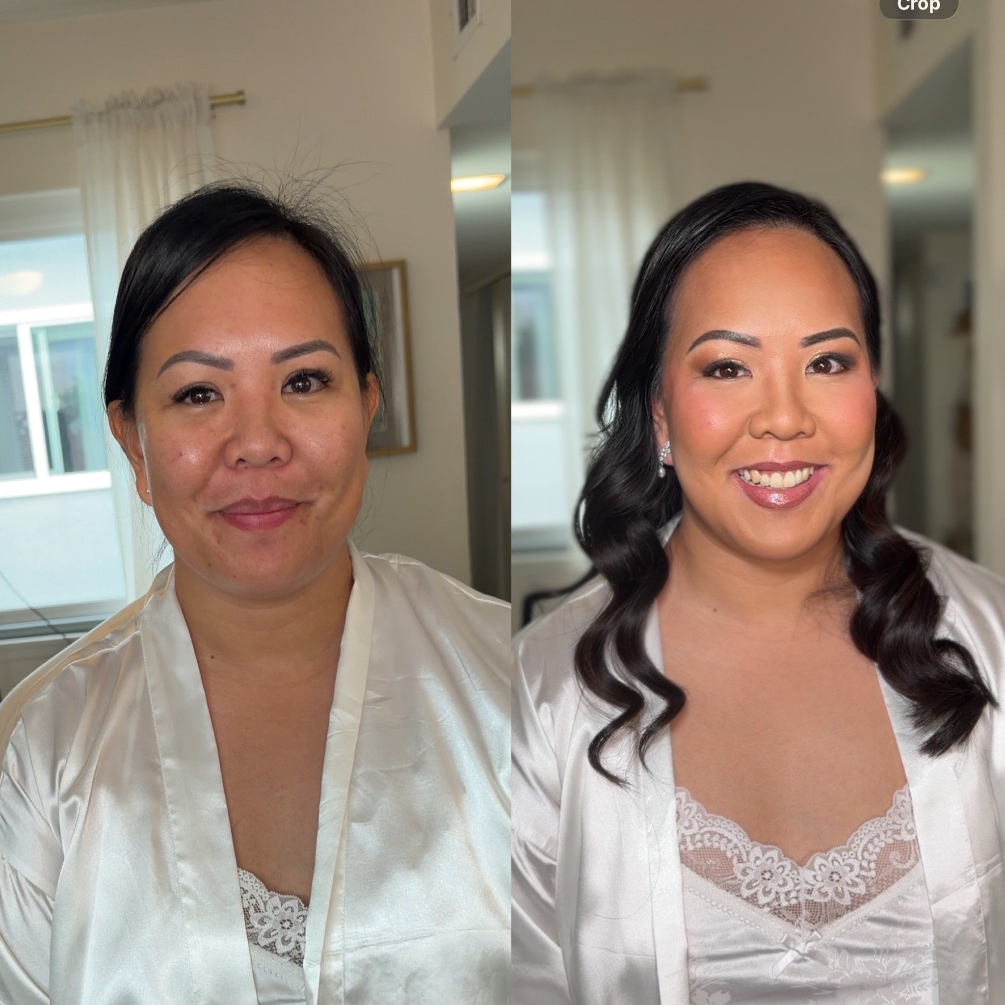 Before and after bridal makeup transformation featuring soft glam makeup with radiant skin, defined eyes, soft lashes and a natural pink lop with paired with glam waves for a wedding at McGrath Ranch. 