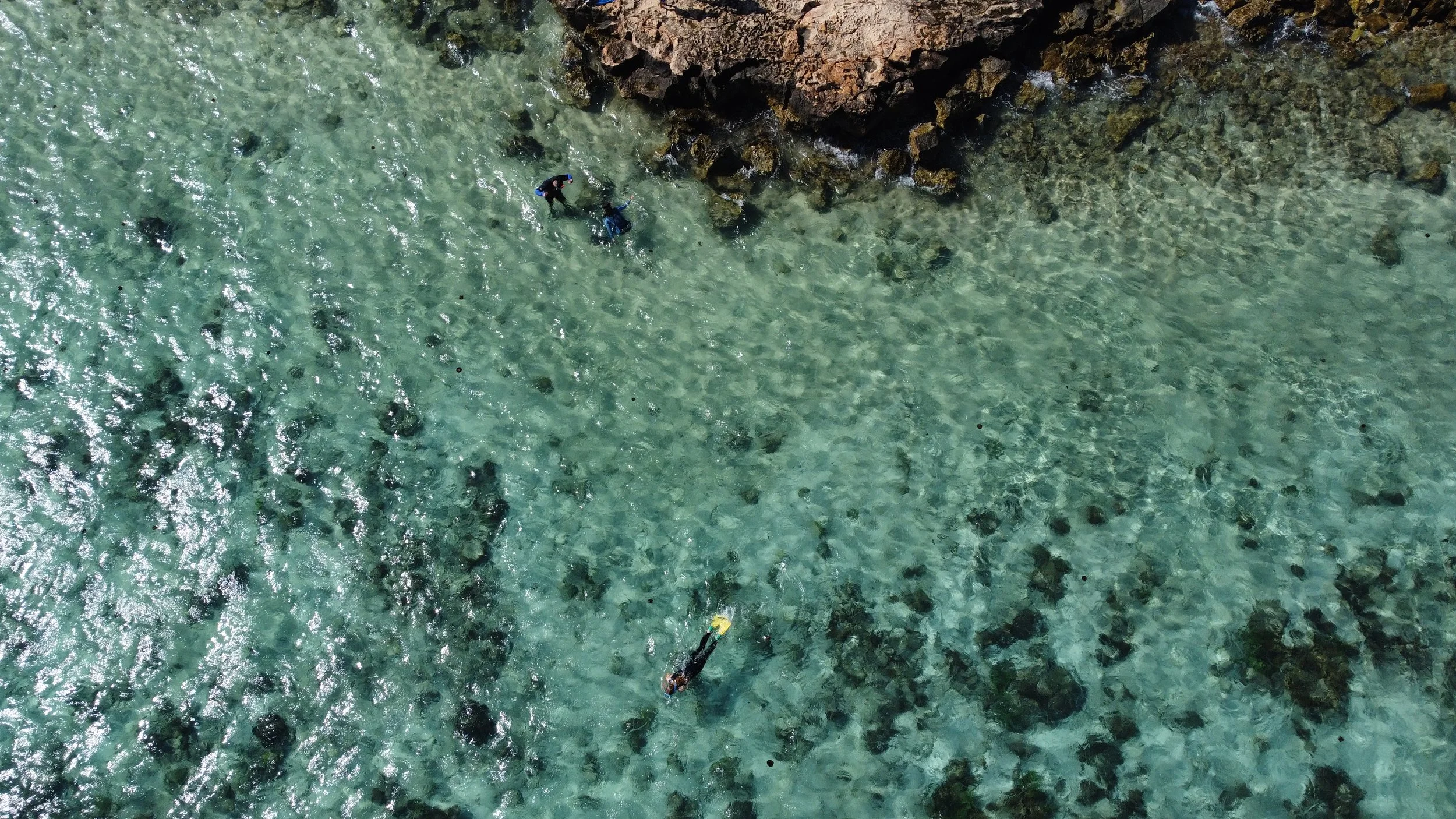 An aerial view of remote coastline of people snorkeling in clear, shallow water near rocks.