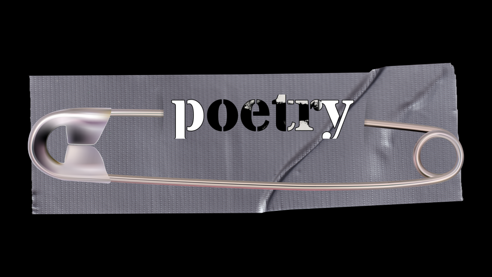 A safety pin attached to a package with the word 'poetry' printed on it.