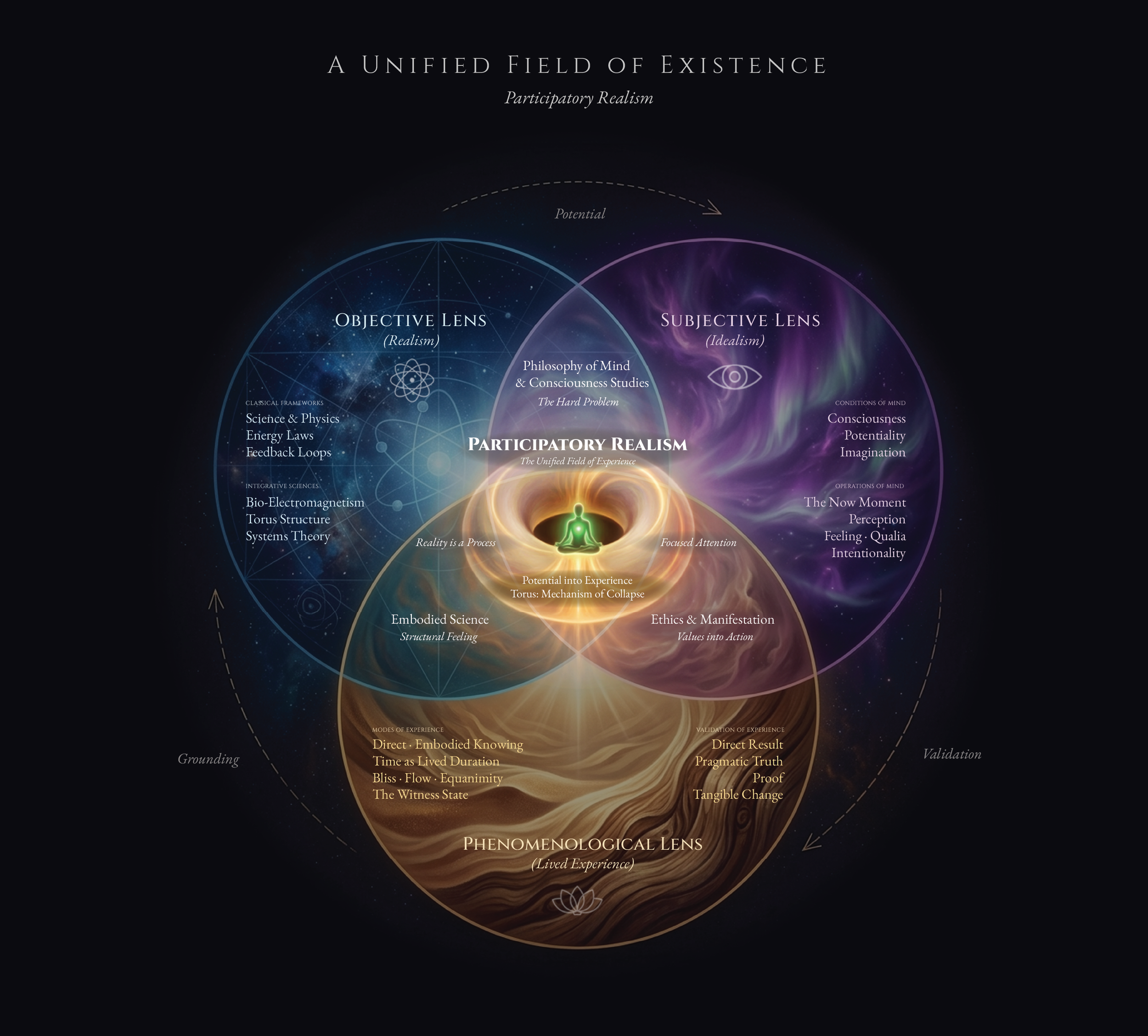 Diagram of the Univeral Field at cosmic scale -- illustrating the Participatory Realism Framework's three irrudcible lenses and the bidirectional relationship between the individual field and the larger field, as developed in The Field and the Heart.