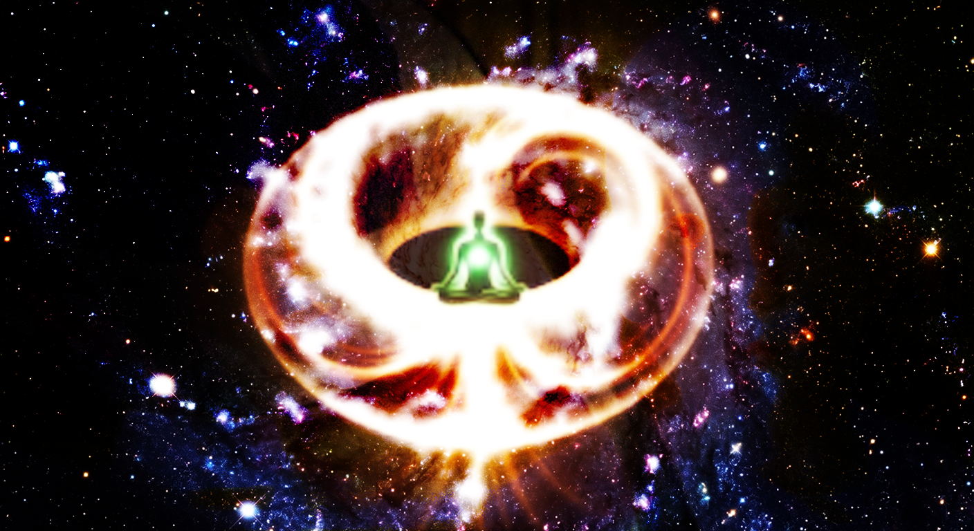 A meditating human figure glowing green at the heart centre, seated within a vast toroidal energy field against a deep cosmic background — illustrating the Participatory Realism framework from The Field and the Heart.