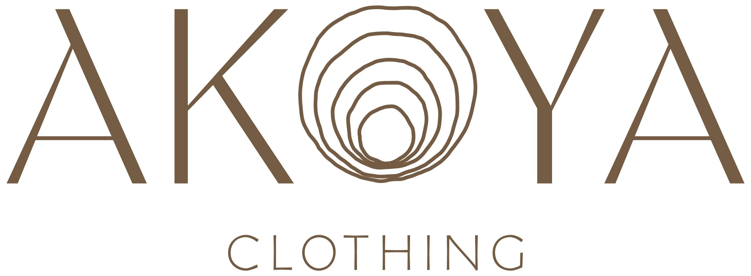 A logo for Akoya Clothing with the brand name in stylized brown lettering and a concentric oval design in the middle.