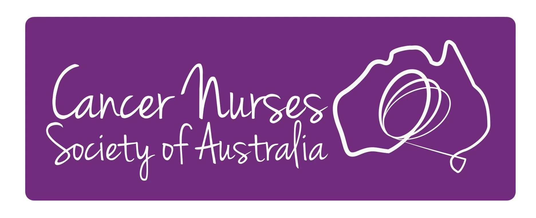 Purple rectangular logo with white text reading 'Cancer Nurses Society of Australia' and an illustration of a yarn ball and knitting needle.