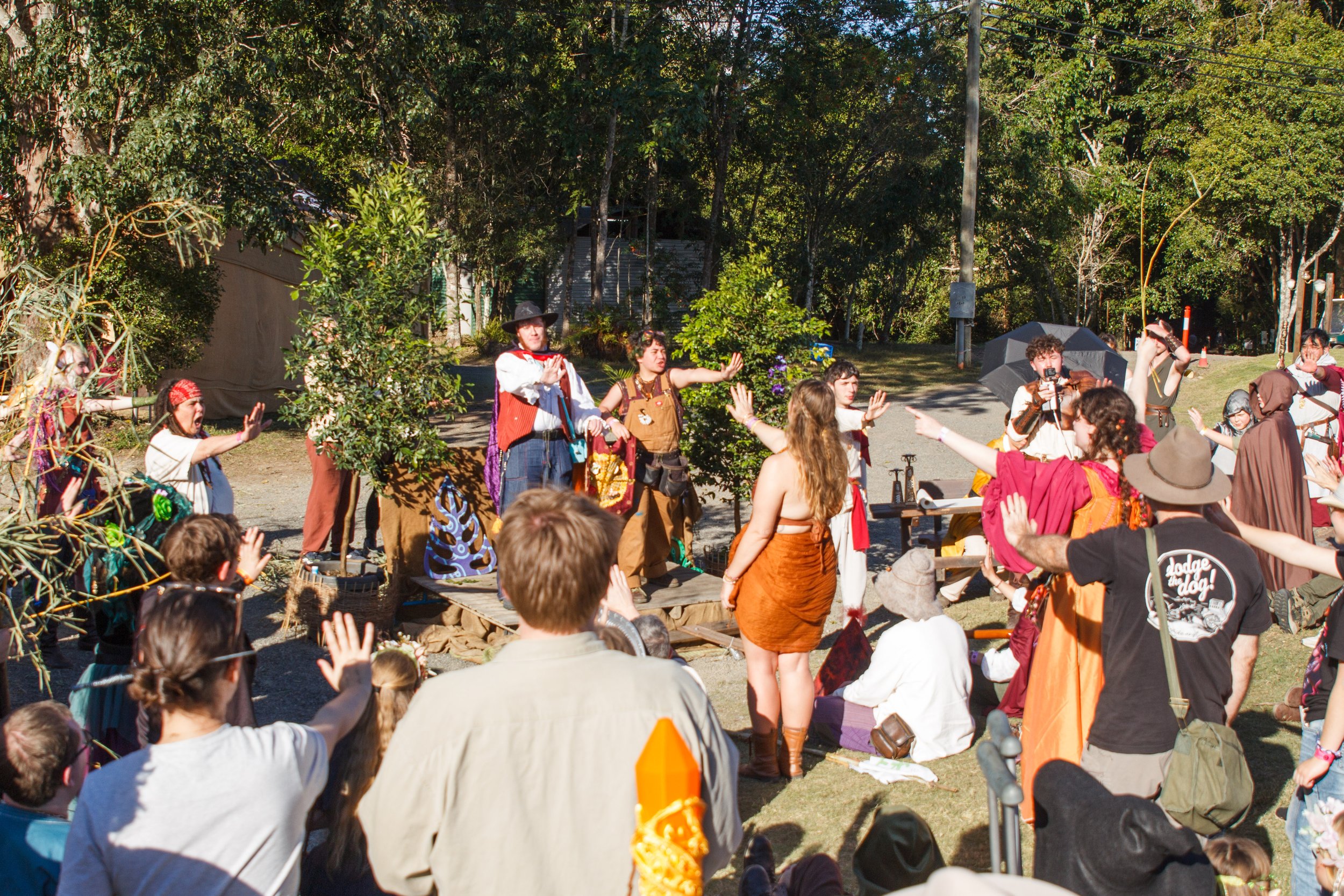People gathered outdoors at a festival or event, with some in costumes, raising their hands, and a group on a stage engaging with the crowd, surrounded by trees and sunny weather.
