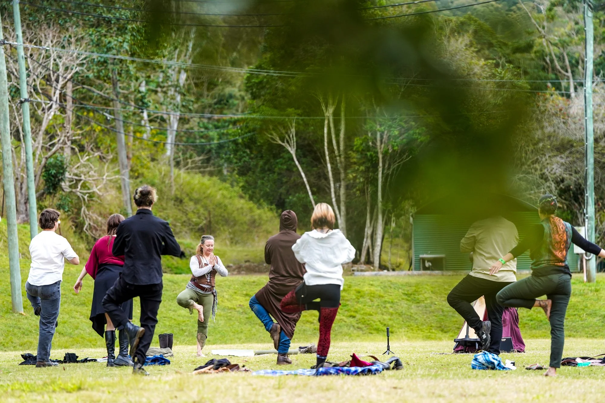 A group of people practicing yoga outdoors on a grassy field in a park, with trees and utility poles in the background.