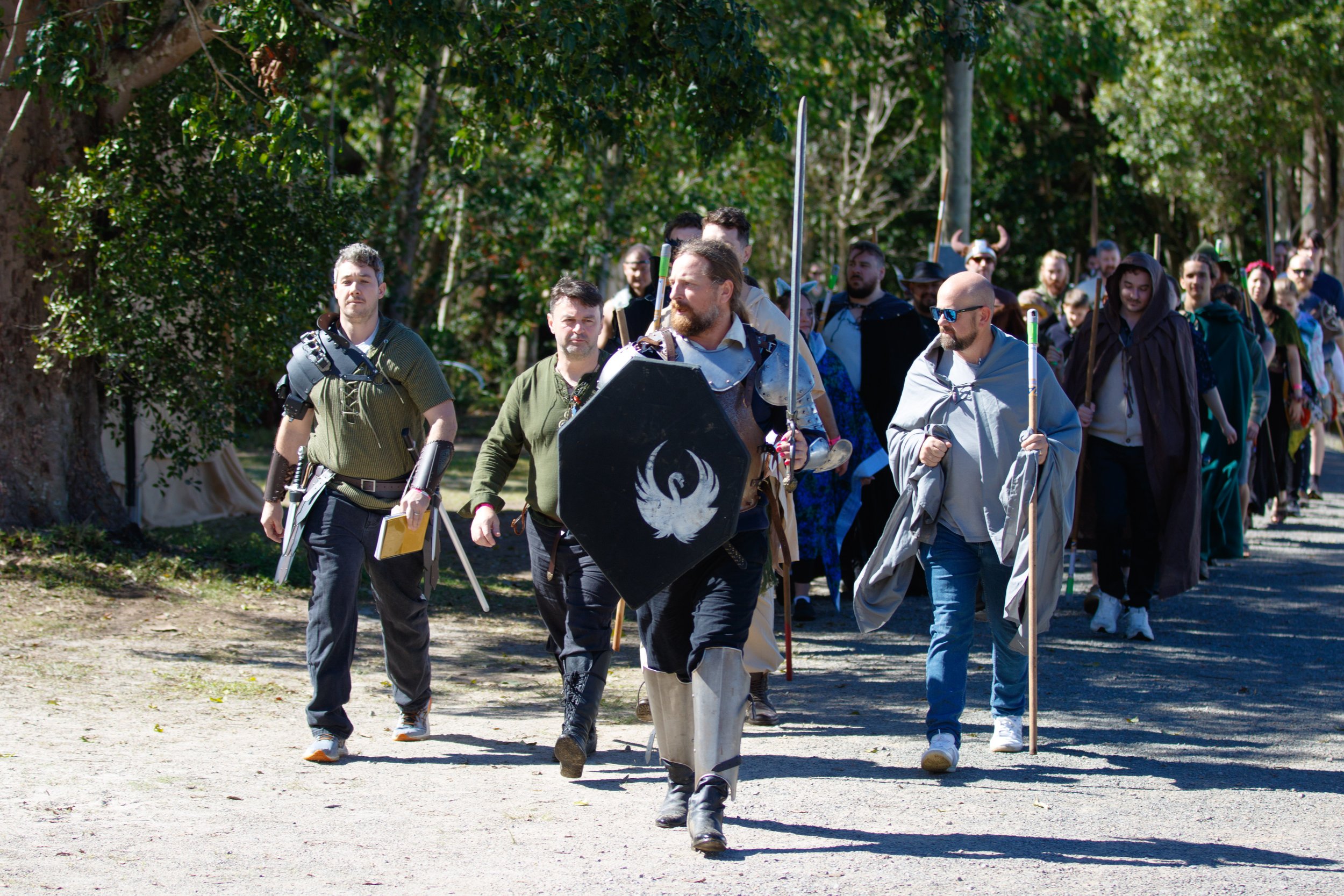 A group of people dressed as fantasy characters, including some with Viking helmets and medieval armor, walking outdoors on a sunny day in a wooded area.