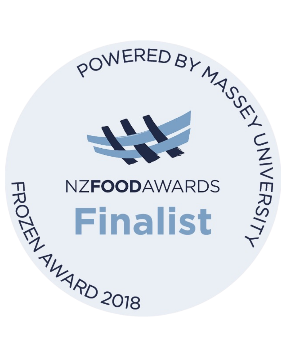 A circular badge with the NZ Food Awards logo and the text 'Powered by Massey University'. It indicates the badge holder is a finalist in the 2018 NZ Food Awards.
