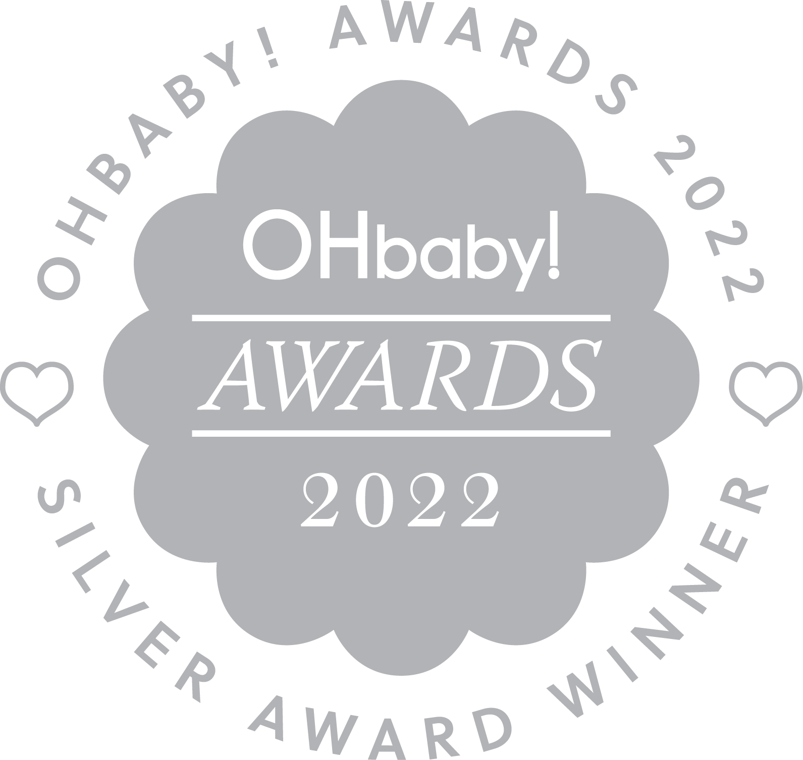 A circular graphic design with a large gray cloud shape in the center. Inside the cloud, the text 'Ohbaby!' is written, with 'AWARDS' below it and the year '2022' at the bottom. Surrounding the cloud, there is a ring of text reading 'O H Baby! Awards 2022' with small heart icons on either side of the ring.