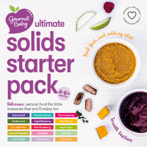 Gourmet Baby ultimate solids starter pack with 10 small containers of baby food flavors like pear-raspberry, apple blueberry, pear-mango, and Lamb kumara and rosemary, designed for babies 4-6+ months and older