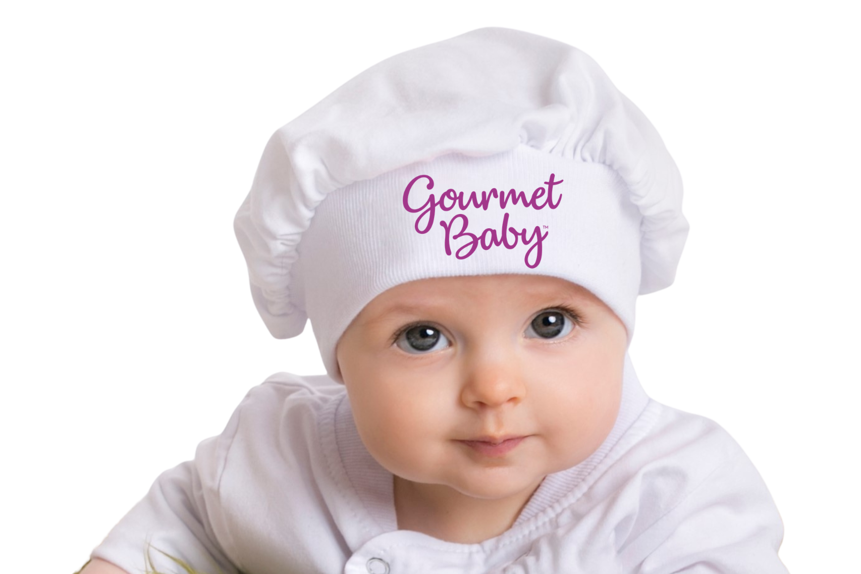 Baby dressed as a chef wearing a white chef hat with the text 'Gourmet Baby' in purple, white shirt, and looking at the camera.