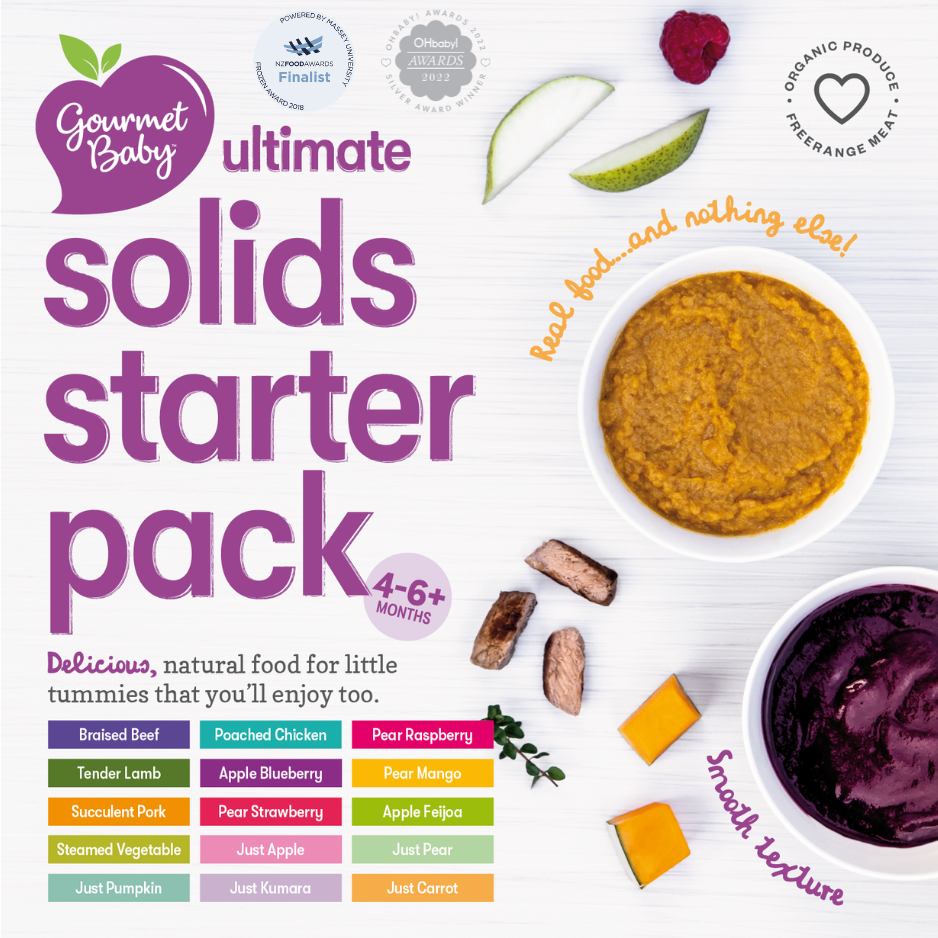 Packaging of Gourmet Baby Ultimate Solids Starter Pack for 4-6+ months with images of bowls of pureed baby food, labels, and logos.