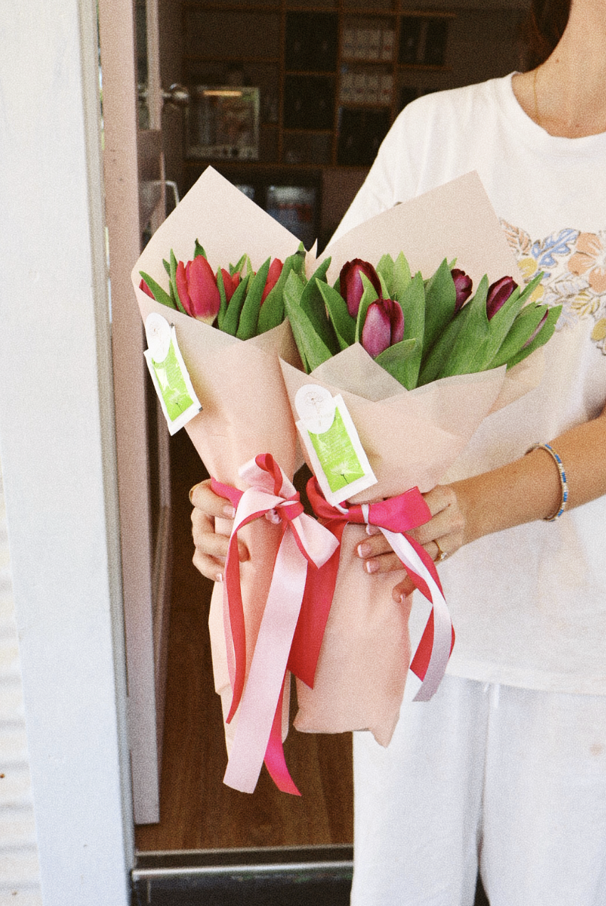 Person holding two bouquets of tulips wrapped in pink paper and tied with pink and red ribbons, with tags attached to the bouquets.