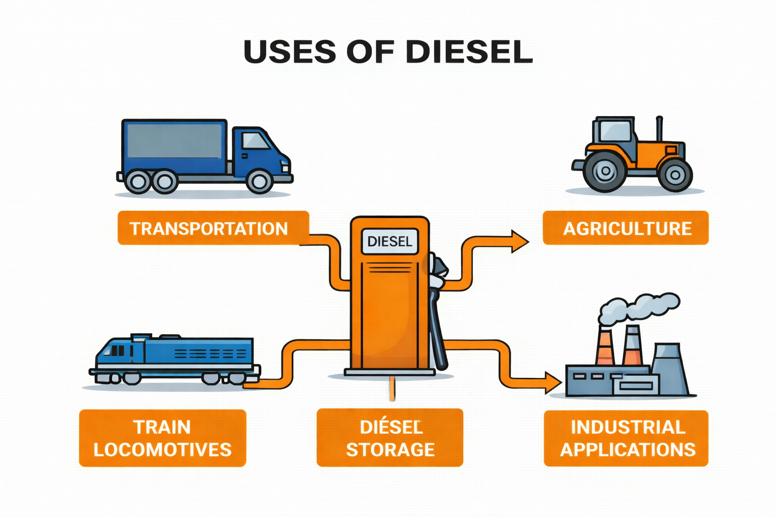 Diagram showing uses of diesel, including transportation with a truck, train locomotives, agriculture with a tractor, industrial applications with factories, and diesel storage.