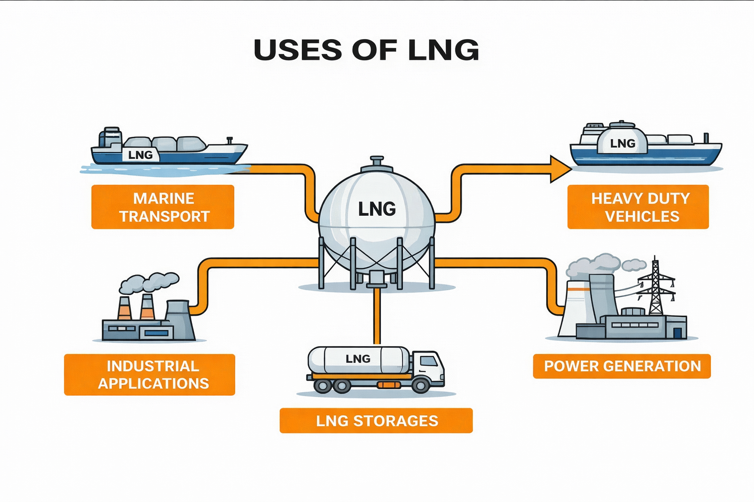 Diagram illustrating various uses of liquefied natural gas (LNG), including marine transport, heavy-duty vehicles, industrial applications, power generation, and LNG storages, with a central LNG tank connecting to multiple sources and uses.