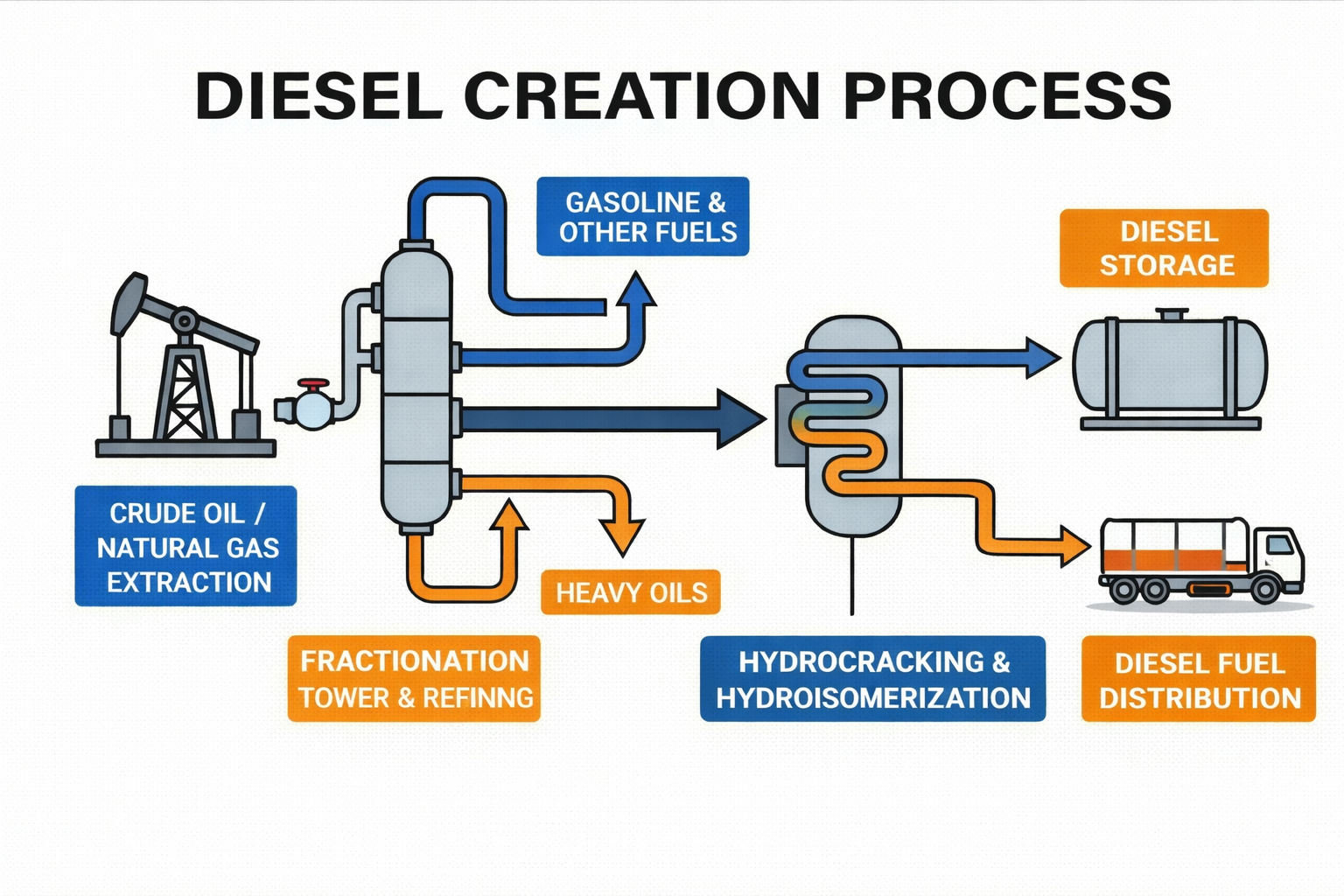 Diagram of diesel creation process showing extraction of crude oil or natural gas, separation of heavy oils, hydrocracking and hydroisomerization, and distribution to storage and fueling, with labels and illustrations of extraction equipment, refineries, storage tanks, and trucks.