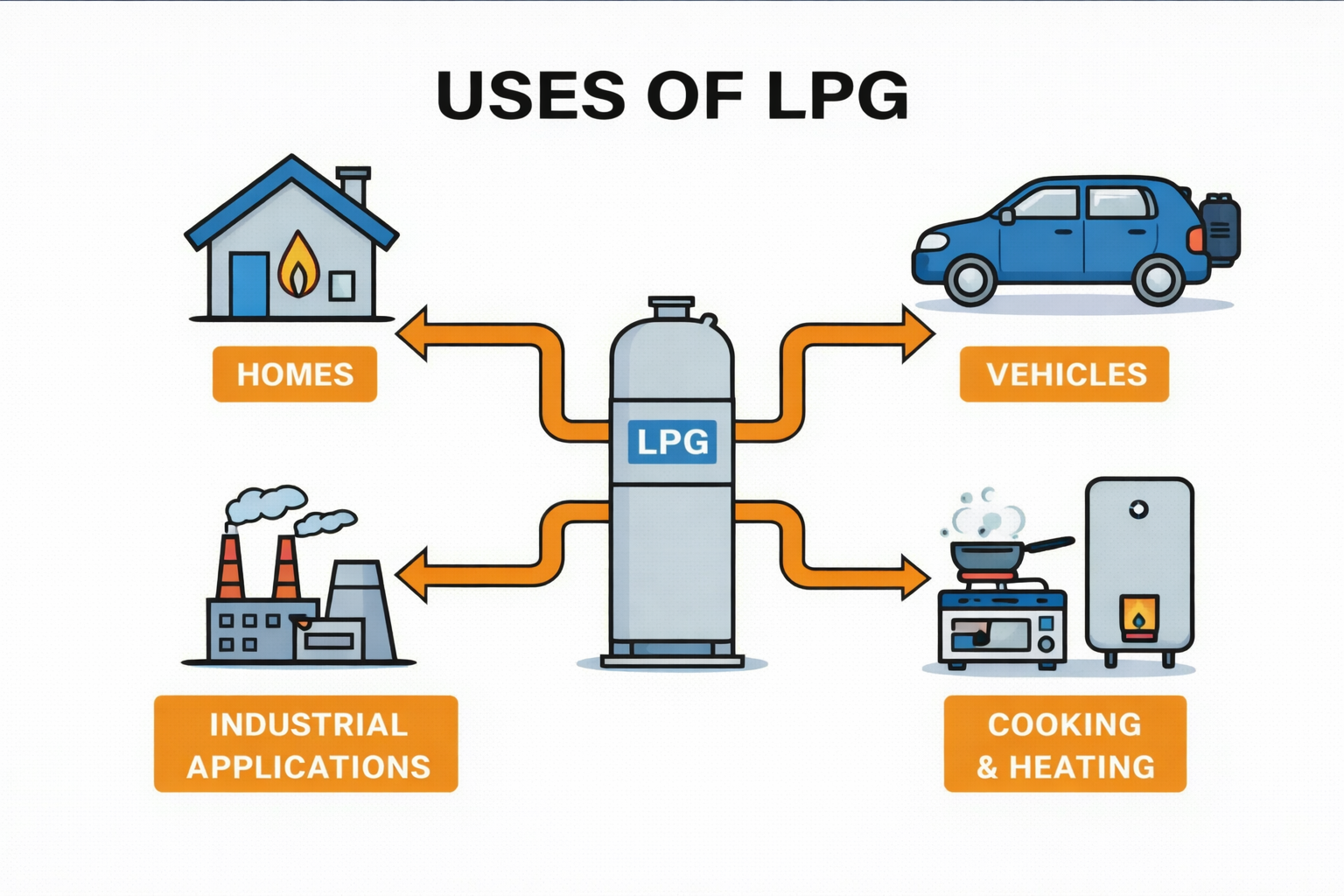 Diagram showing the uses of LPG, including homes, vehicles, industrial applications, and cooking & heating.
