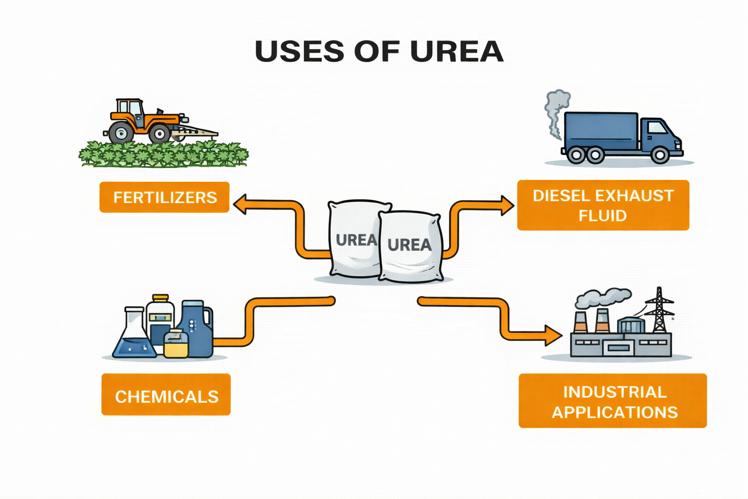 Diagram illustrating uses of urea, including fertilizers, diesel exhaust fluid, chemicals, and industrial applications.