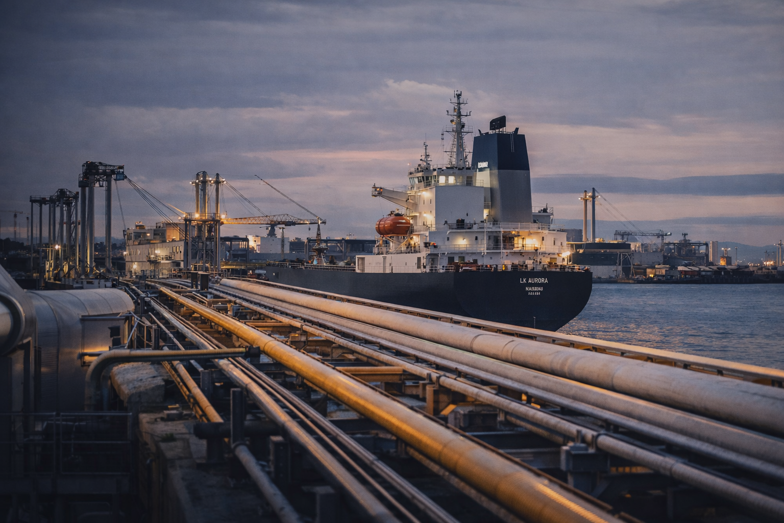 A large cargo ship named 'LK Aurora' docked at a port with industrial piping and cranes, during dusk with cloudy sky. Source:Unsplash