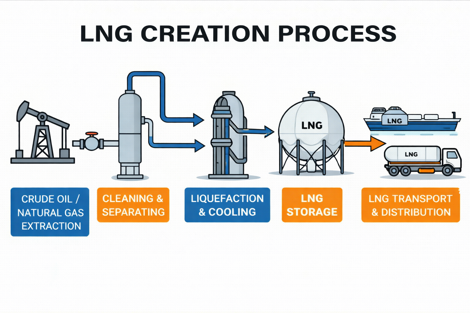 Diagram illustrating the LNG creation process, starting from crude oil and natural gas extraction, then cleaning and separating, liquefaction and cooling, storage, and finally transport and distribution. Each step is represented by icons and labeled with steps such as 'Crude Oil/Natural Gas Extraction,' 'Cleaning & Separating,' 'Liquefaction & Cooling,' 'LNG Storage,' and 'LNG Transport & Distribution.'