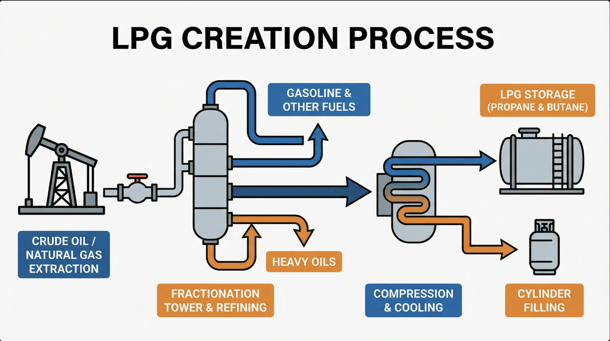 Diagram of LPG creation process showing stages from crude oil or natural gas extraction to LPG storage and cylinder filling, including fractionation, heavy oil separation, compression, cooling, and storage.