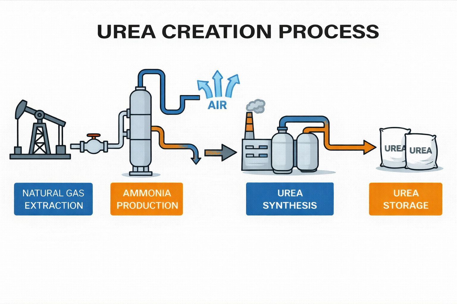 Diagram of the urea creation process showing extraction of natural gas, ammonia production, urea synthesis, and storage.