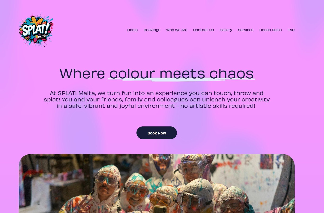 Website homepage for SPLAT! Malta featuring a vibrant purple background, colorful logo, navigation menu, and a group of people in splattered paint clothes..