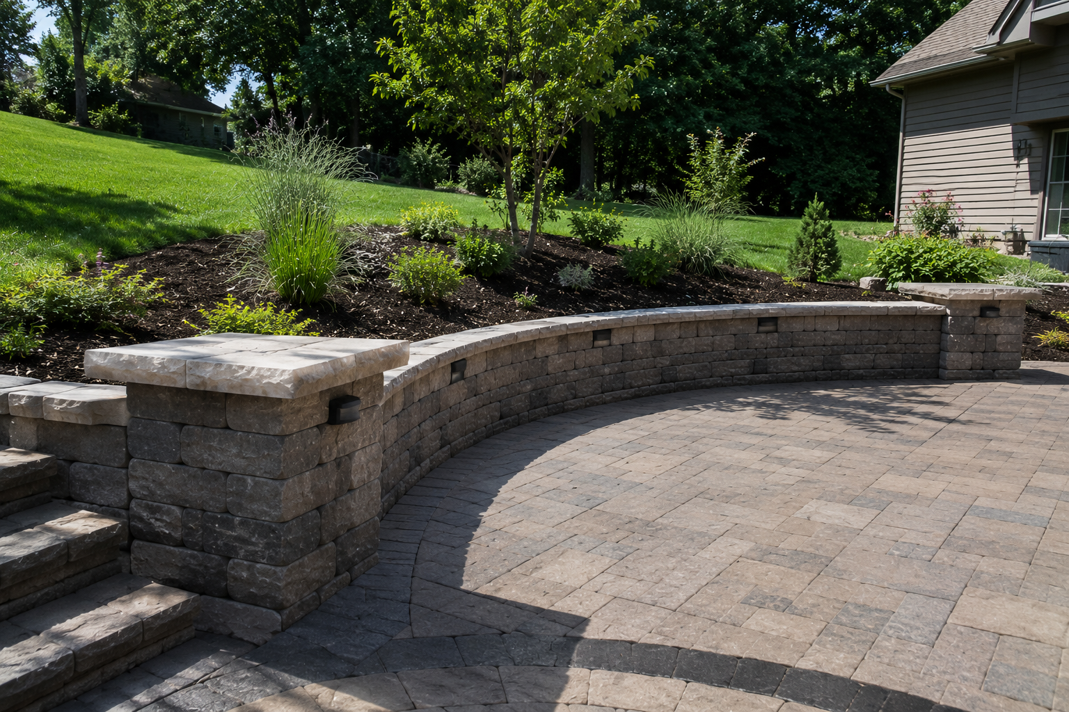 A landscaped backyard with a curved stone retaining wall, paver patio, and garden bed with trees and plants fort wayne, IN