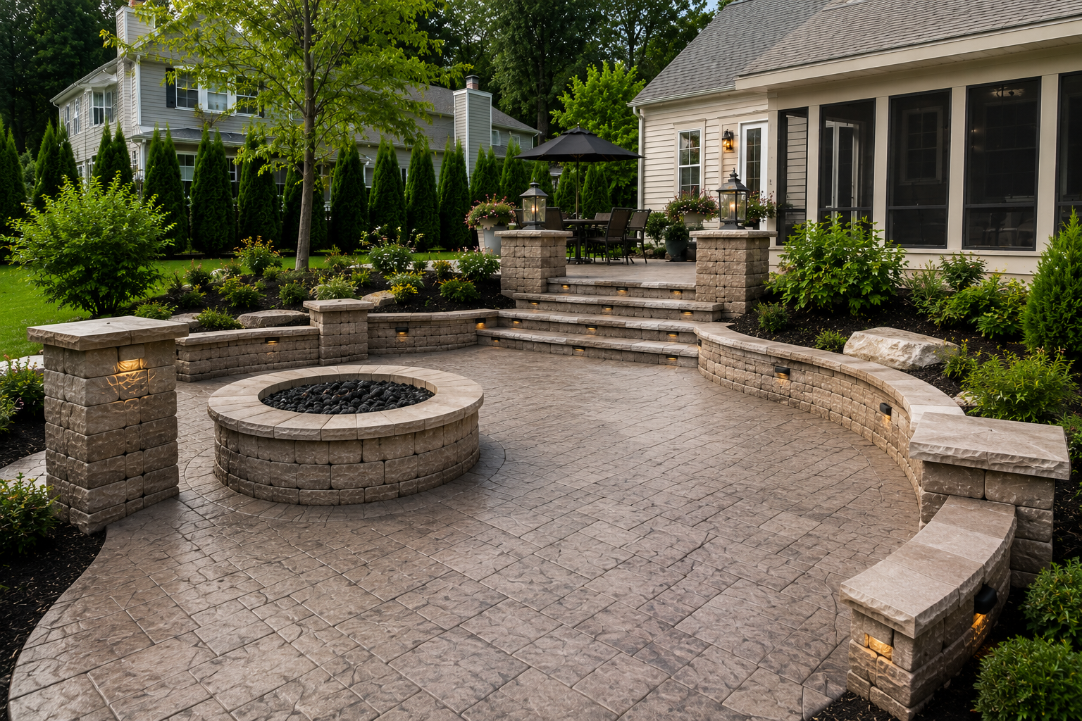 Backyard patio with firepit, brick steps, landscaping, outdoor seating, house, and surrounding greenery.