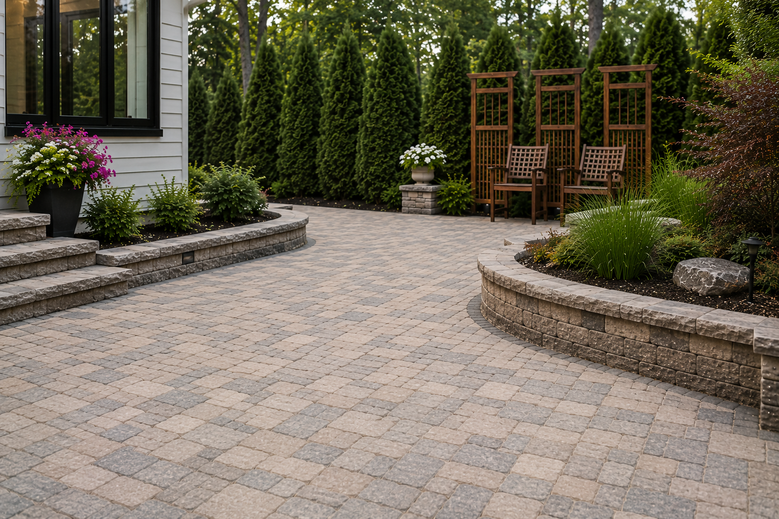A landscaped backyard patio with brick pavers, flower beds, green shrubs, and a wooden privacy fence with two chairs.