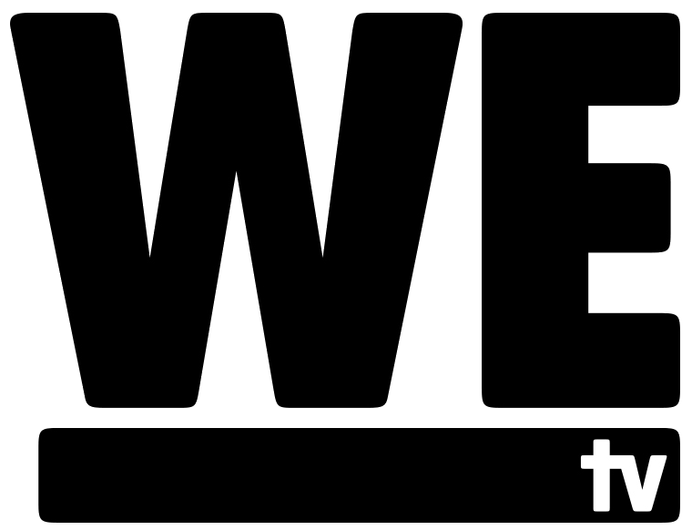 Large black and white logo with the text "WE" in bold capital letters, and a small black rectangle at the bottom with the white letters "tv" inside.