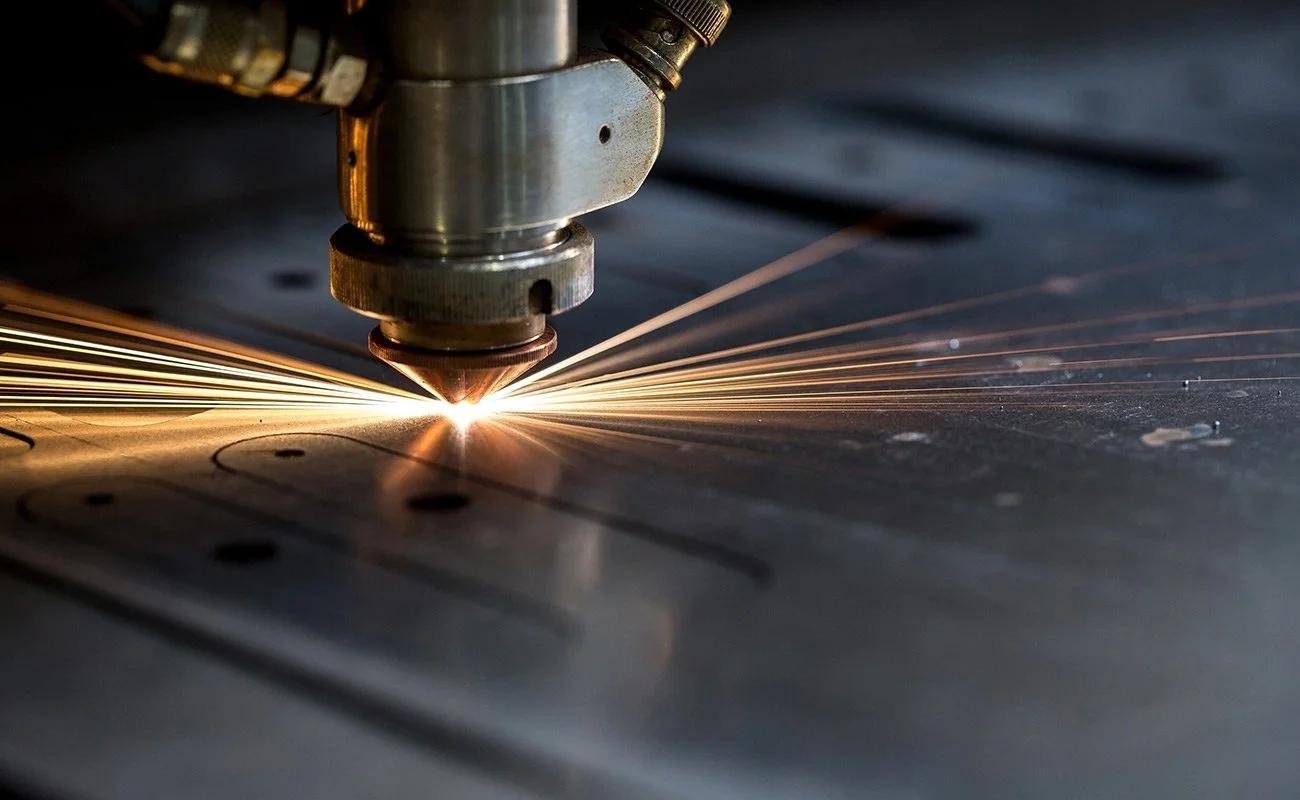 Industrial workplace office accent detailing communication paths for local laser cutting enquiries.