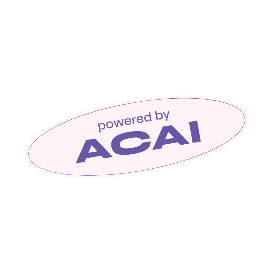 Oval sticker with purple text that says 'powered by ACAI' on a light pink background.