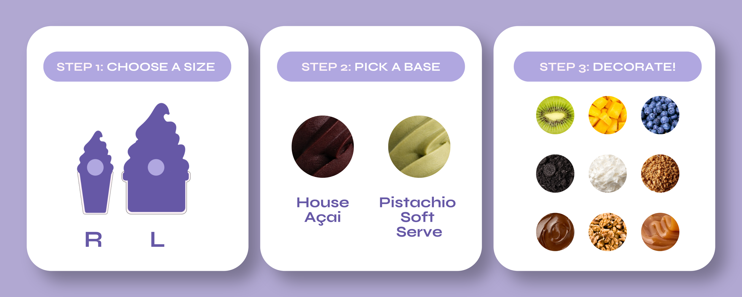 A three-step acai bowl customisation guide featuring choosing a size, selecting a base flavour, and decorating with various toppings including fresh fruit, nuts, caramel, and chocolate.
