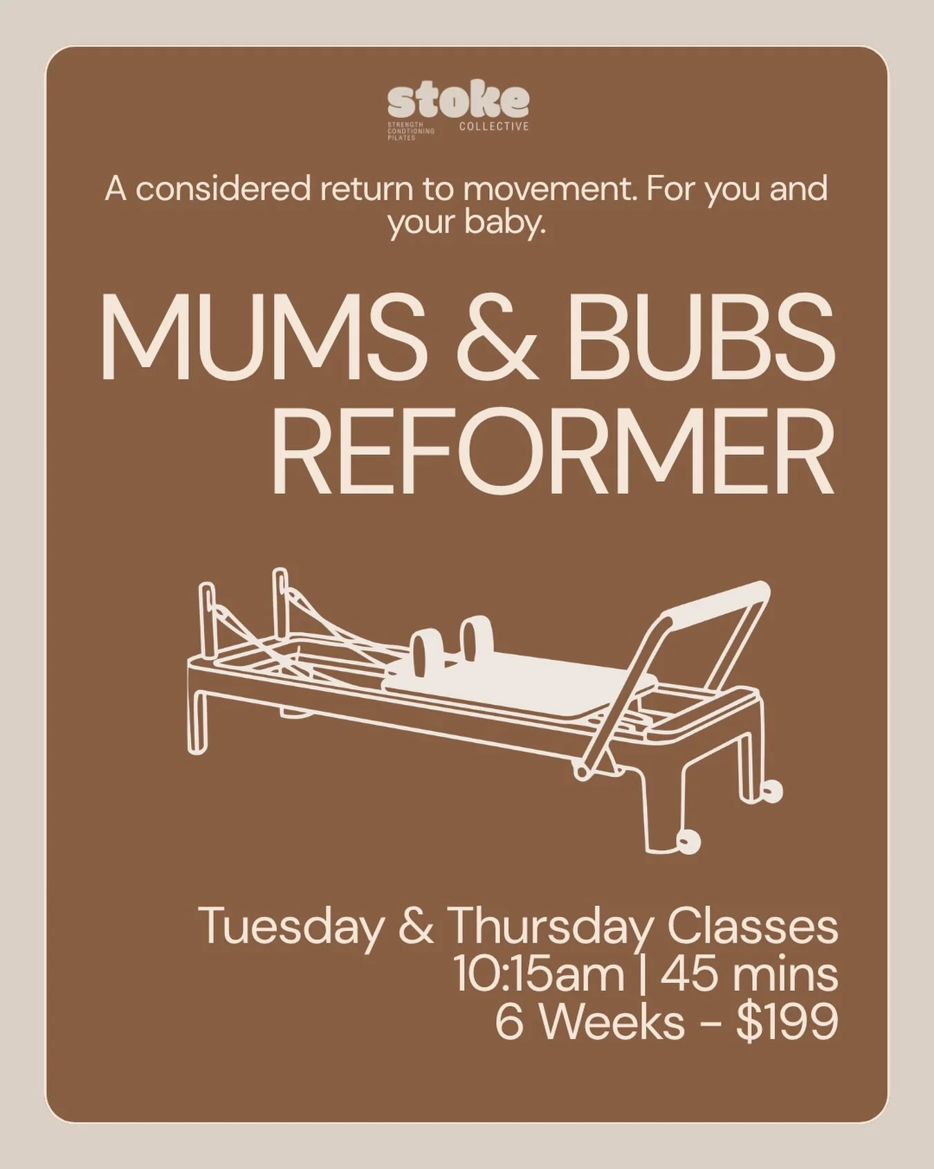 A considered return to movement, for you and your baby.

MUMS &amp; BUBS is a supportive 6-week Reformer program led by a qualified post-natal instructor, designed to help you reconnect with your strength, your breath and a community of mothers walki