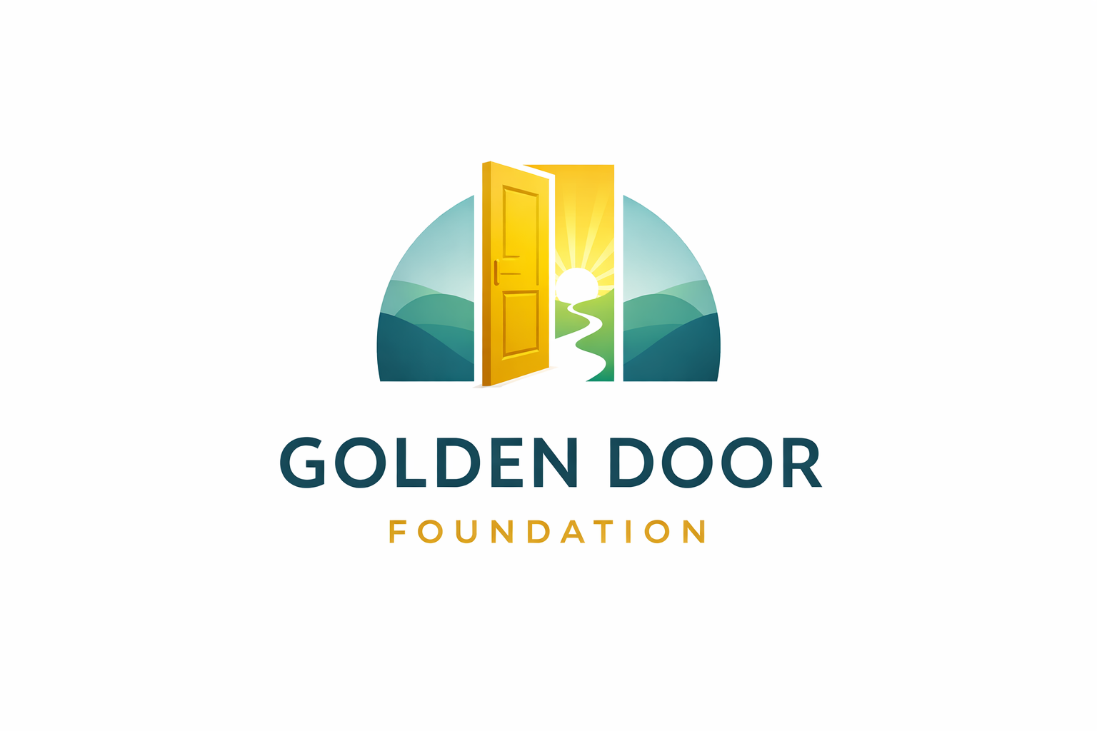 Logo of a yellow door opening to a landscape with mountains and a sun, with the words 'Golden Door Foundation' below.
