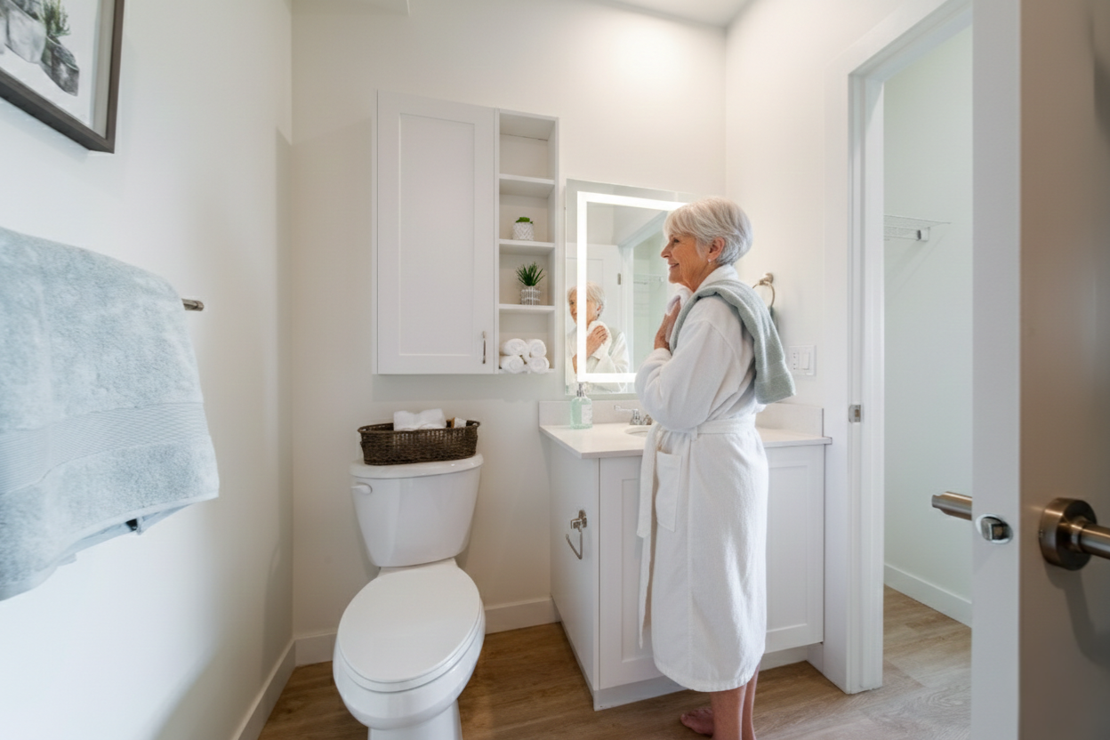An elderly woman with white hair in a bathrobe looking into a bathroom mirror, with a towel draped over her shoulders and a wicker basket on the toilet
