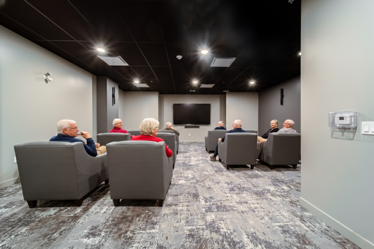 A group of elderly people sitting in armchairs arranged in a semi-circle in a modern, dimly lit room, watching a large flat-screen TV mounted on the wall.