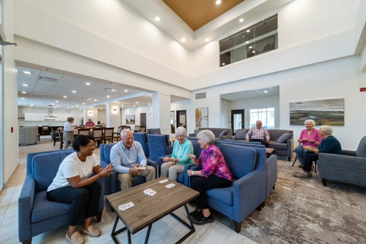Senior adults sitting and playing card games in a spacious, well-lit lounge area with modern decor, artwork on the walls, and a high ceiling.