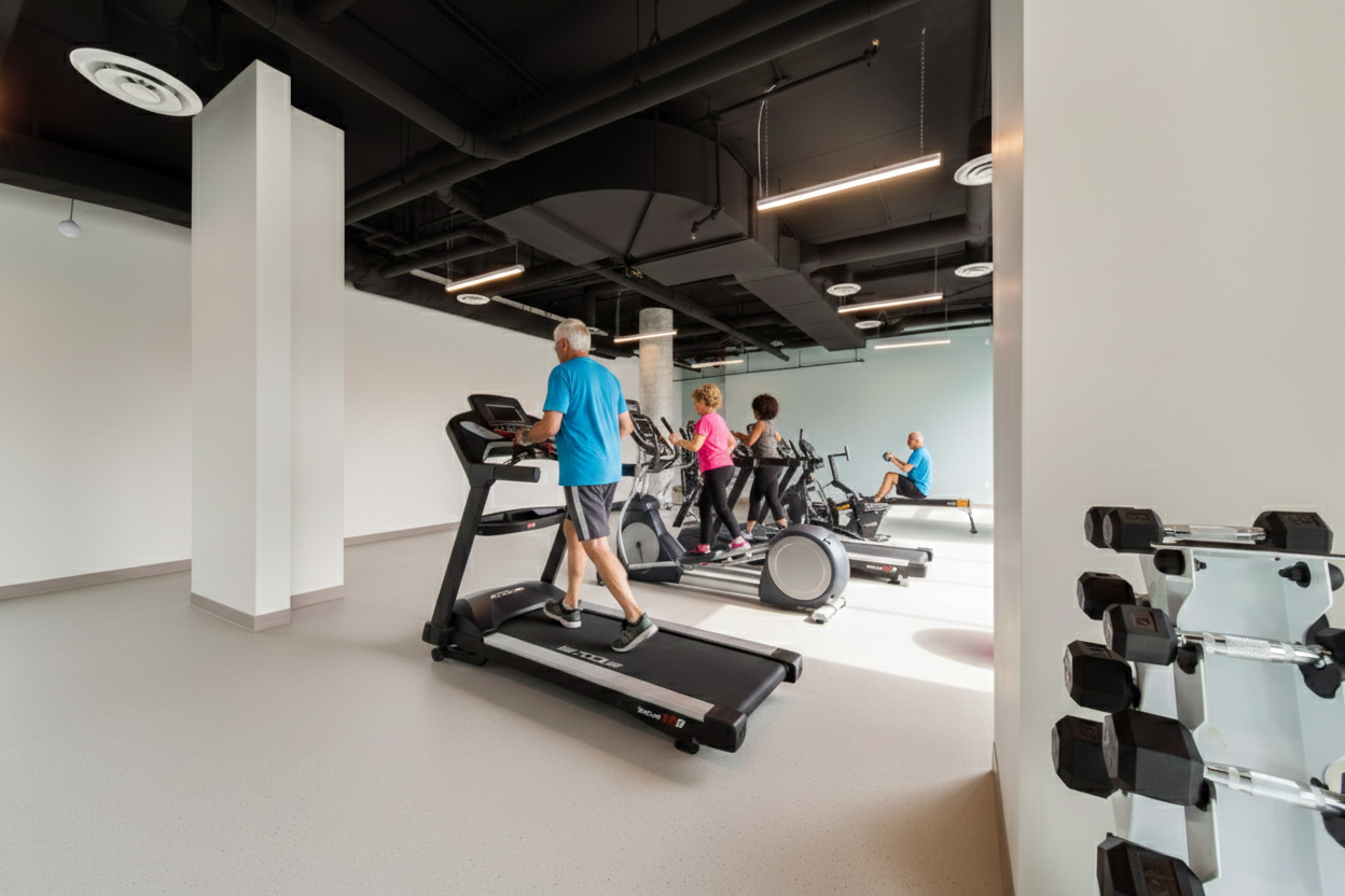 Older adults exercising on treadmills and ellipticals in a modern gym with white walls and black ceiling.