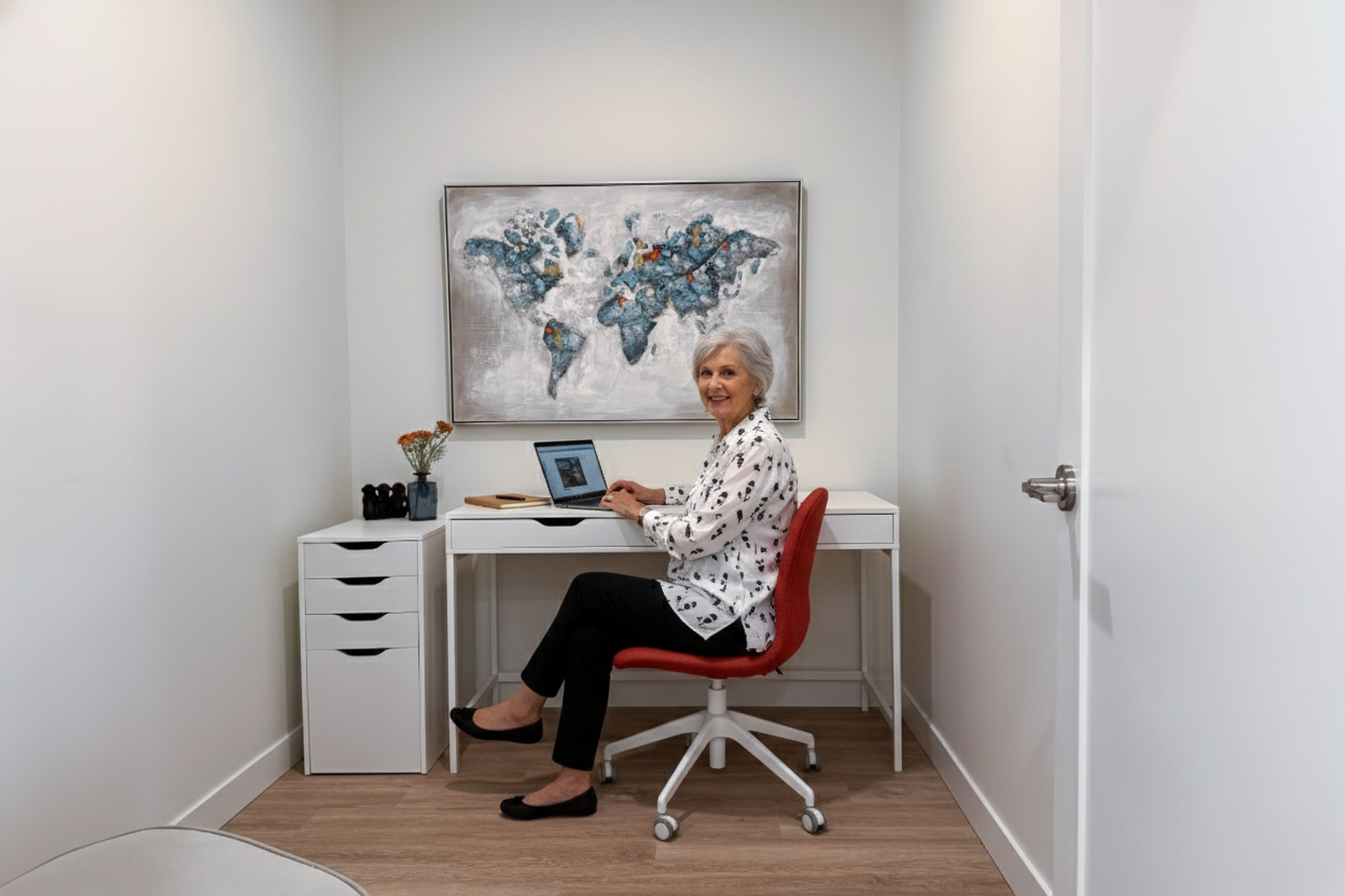 An elderly woman with gray hair, wearing a white blouse with black patterns, sitting on a red office chair at a white desk, working on a laptop in a small, white-walled office with a world map painting on the wall behind her.