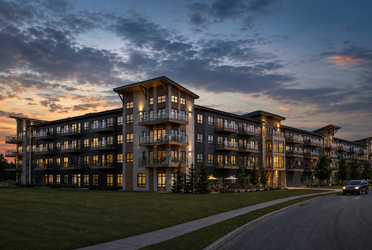 Three Robins Grande Banks building exterior rendering at night