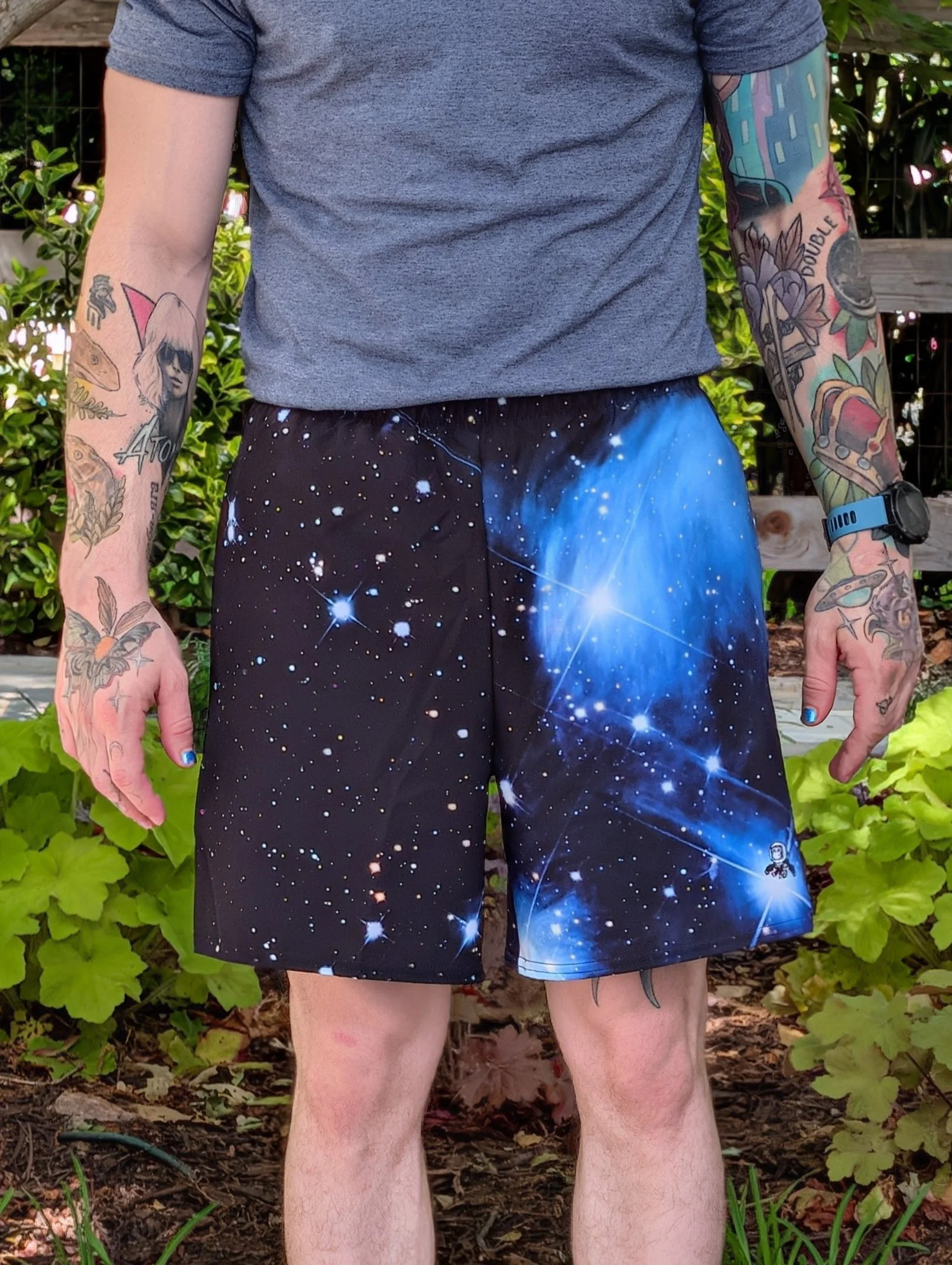 Pleiades star cluster printed on unisex 6 inch inseam athletic shorts — High Space Man